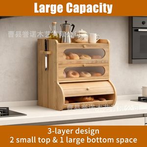 Boîte à pain en bois à plusieurs niveaux avec porte transparente et couvercle enroulable pour comptoir de cuisine - Product Image 4
