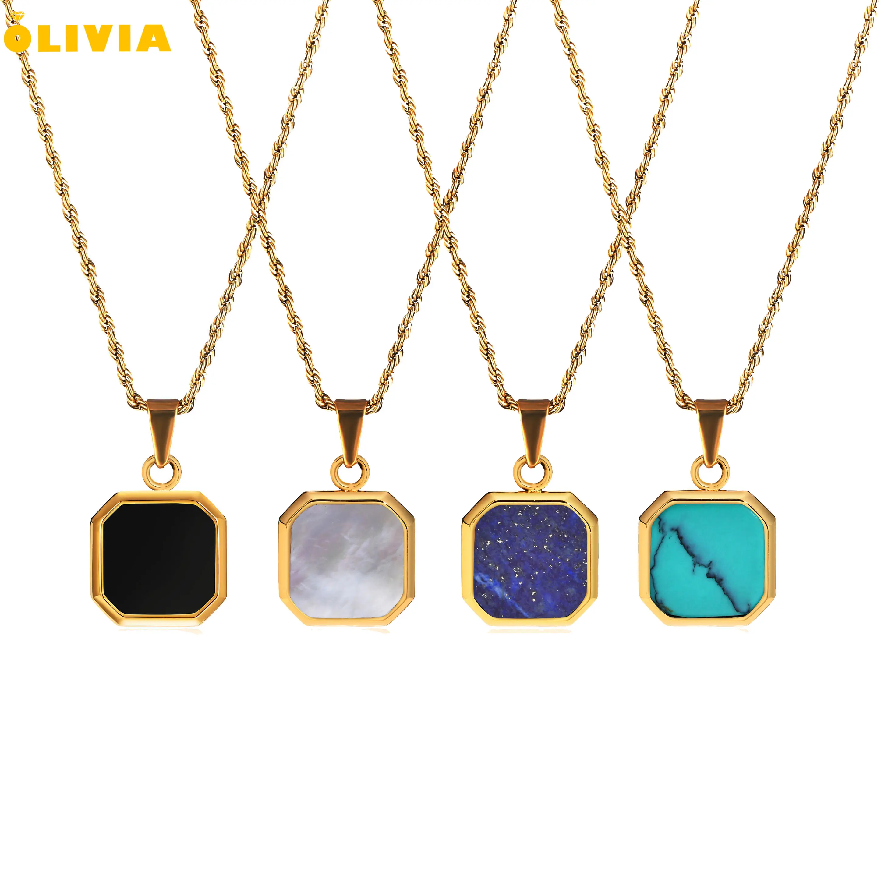 Trendy stainless steel black oil turquoise square pendant necklace rope chain gold plated white shell pendant necklace for women