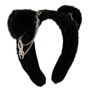 Diadema de Orejas de Gato Negras HLC para Cosplay, Diadema Ancha de Felpa con Orejas de Gato de Imitación, con Colgante de Cruz y Lazo, Diadema de Pelo con Orejas de Gato de Piel Sintética Remachada - Product Image 4