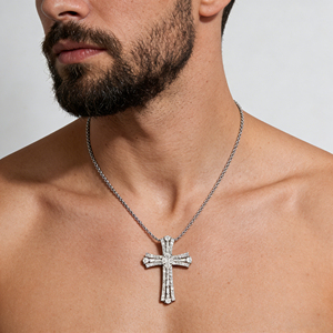 CUSTOM SILVER 10K/14K/18K GOLD PLATED LAB GROWN CVD DIAMOND CLASSIC ENGAGEMENT GIFT SWEATER <b>CHAIN</b> NECKLACE <b>CROSS</b> PENDANT - Product Image 4