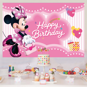 Fournitures de fête promotionnelles, bannière de fond de fête d'anniversaire rose <span class=keywords><strong>Minnie</strong></span> Mouse pour enfants, bébé, décorations de joyeux anniversaire - Product Image 2