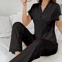 Set Piyama Wanita Bermotif Ceri Piyama Renda Wanita Dua Potong Pakaian Rumah Kasual Lembut Celana Panjang Lengan Pendek Pakaian Tidur