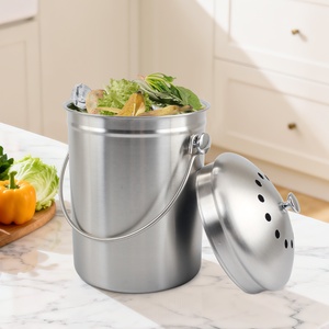 Cylindrical Storage Bucket for Indoor Use Stainless Steel <b>Kitchen</b> <b>Compost</b> <b>Bin</b> with Lid and Handle - Product Image 1