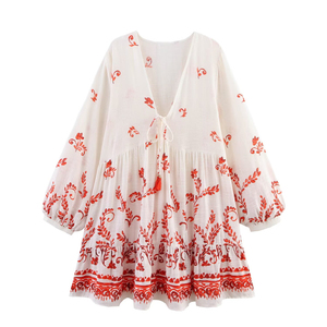 SHENZHU Nouvelle collection été 2025 – Robe courte ample à manches longues pour femme, imprimé floral rétro, col en <span class=keywords><strong>V</strong></span>, style <span class=keywords><strong>Su</strong></span> Sui, 5029104 - Product Image 1