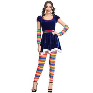 Costume de clown pour femme à rayures arc-en-ciel, inspiré des films et séries TV, avec robe en velours et chaussettes rayées pour Halloween et Noël - Product Image 1