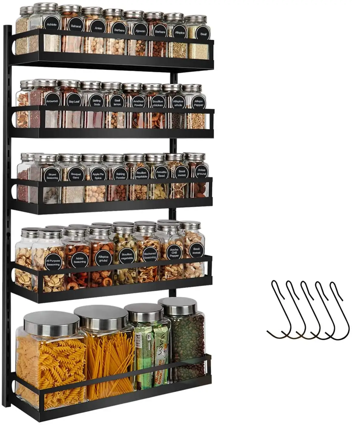 Wall Mount Spice Rack Organizer 5 Tier Height Adjustable Hanging Spice Shelf Storage for Kitchen Pantry Cabinet Door
