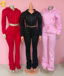 Женский Спортивный Повседневный комплект из 2 предметов, кардиган с капюшоном, укороченная куртка, брюки со шнурком, базовый спортивный костюм, короткий облегающий однотонный костюм - Product Image 2