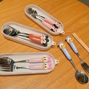 Ensemble de couverts pour enfants Mickey et Daisy, cuillère et fourchette en acier inoxydable Minniee Daisy avec boîte en PVC de dessin animé, <span class=keywords><strong>vaisselle</strong></span> pour enfants - Product Image 1