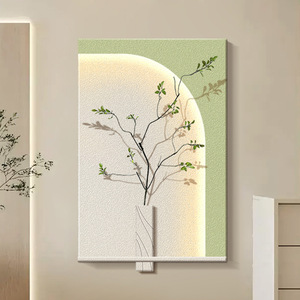 Art mural de style Wabi Sabi avec rétroéclairage, cadre rectangulaire en bois massif, toile huilée, motif végétal, peinture décorative pour salon - Product Image 4
