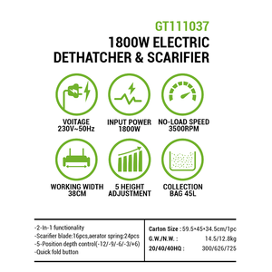 Pour 1800W 2-en-1 électrique Dethatcher scarificateur 380mm largeur de travail 45L sac <span class=keywords><strong>a</strong></span>érateur de pelouse industriel maison pelouse petite cour - Product Image 3