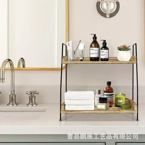 Double Layer Wooden Storage <b>Rack</b> With Iron Frame For Bathroom Kitchen Home Use Multifunctional Standing <b>Shelf</b> - Product Image 2