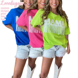 Lovedagear Custom Logo T Shirt Royal Mama Embroidery Pearl Women Sequin Tops With Glitter Fringe