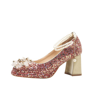 Scarpe da Donna <span class=keywords><strong>con</strong></span> Tacco a Blocco e Punta Quadrata, Glitterate, <span class=keywords><strong>con</strong></span> Cinturino alla Caviglia <span class=keywords><strong>con</strong></span> Perle e Fiore di Cristallo, per Matrimoni e Feste - Product Image 5