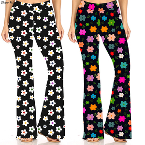Pantalon évasé rétro pour femme, imprimé marguerites soleil, taille haute, coupe cloche, style vintage années 70, motif floral, pour le yoga et les loisirs - Product Image 1