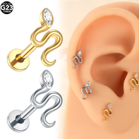 Lingchee titane serpent lèvre Piercing CZ Labret Cartilage boucle d'oreille dos plat goujon conque Tragus Helix Monroe Piercings bijoux 16G