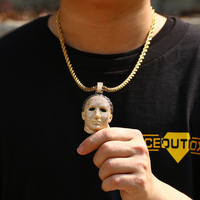 Pendentif Masque Christian Michael Myers Hip-hop en Cuivre Plaqué Or 18K, Or Blanc, Sertie de Zircons, Thème Halloween Effrayant et Sinistre