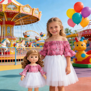 En Stock, Vestido de Princesa Rosa con Lentejuelas <span class=keywords><strong>y</strong></span> Hombros Descubiertos para Muñeca de 18 Pulgadas <span class=keywords><strong>y</strong></span> Niña, Vestido Tutú American Girl para Niñas de 3 a 10 Años - Product Image 3