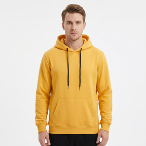 Men's Yellow <b>Hooded</b> <b>Fleece</b> Sweatshirt Regular Fit Solid Color Pullover with Front Pocket and Drawstring Hood 100% Cotton Winter - Product Image 1