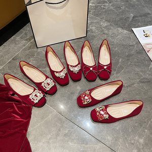 Zapatos de novia Xiuhe rojos antideslizantes de doble uso para mujer, zapatos planos de moda con punta abierta, zapatos de boda de suela blanda para maternidad - Product Image 2