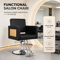 Fauteuil de Barbier Moderne Noir en PU avec Panneau Décoratif en Bois, Chaise de Coiffure Hydraulique Robuste pour Salon de Coiffure et Barbier