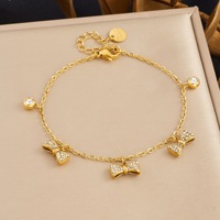 Gelang Pesona Baja Tahan Karat untuk Wanita, 3 Model Bunga Mawar Pita CZ Zirkon, Warna Emas, Kancing Lobster, Hadiah