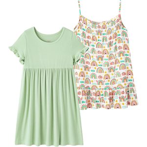 Vestido informal para niña, cintura elástica, cuello redondo, tejido de punto, ajuste holgado, transpirable, ropa de verano para uso diario - Product Image 1