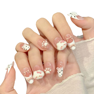 <span class=keywords><strong>Uñas</strong></span> Postizas Estereoscópicas de Dibujos Animados [Pink Cloud Claw] con Diseño de Nubes Rosadas, Piezas de Manicura con Lazo y Puntos - Product Image 1