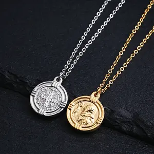 MECYLIFE Stainless Steel Christian Jewelry Medallion St Benedict Necklace Coin Necklace for Men Women