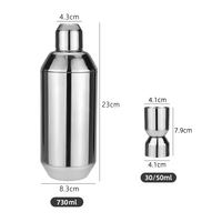 Ensemble de shaker à cocktails OEM en acier inoxydable 304 poli miroir, shaker Cobbler 730 ml et doseur double face 30/50 ml, kit de barman