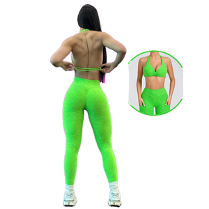 LUMIARA | September Festival Offer Custom Logo Neon Green Yoga Set Backless Sports <b>Bra</b> & Scrunch Butt Leggings Wholesale Bulk - Product Image 1