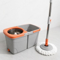 Ensemble de seau et serpillière rotative avec panier en plastique pour le nettoyage des sols en carrelage et vinyle, auto-essorage, manche en acier inoxydable détachable, lavable