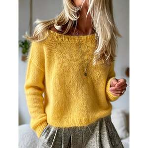 Women's Lemon Yellow Drop Shoulder Crew Neck Cotton Knit <b>Pullover</b> <b>Sweater</b> with Front Logo for Autumn Winter - Product Image 2