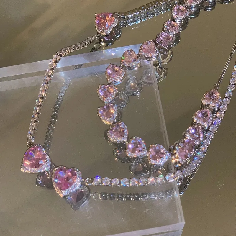 Collar con cadena de circonita para mujer, colgante con diamantes de imitación, corazón rosa, moda coreana