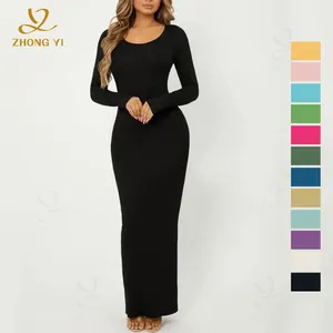 Manufacturer Custom Black Tunic Long Sleeve Solid Bodycon Maxi Dress Crew Neck Casual Long Women Dress For Autumn