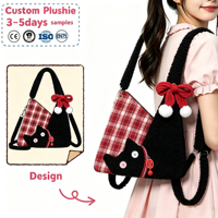 Sac à bandoulière chat noir patchwork à carreaux avec applique en peluche personnalisée et nœud décoratif, accessoire de mode pour adolescentes, vente en gros