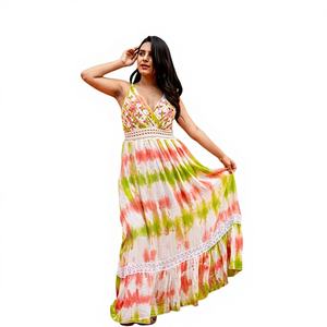 Vestido Largo de Verano de Algodón Estampado Digital Tie Dye Multicolor, Estilo Boho, Corte A, para Vacaciones y Resort - Product Image 1