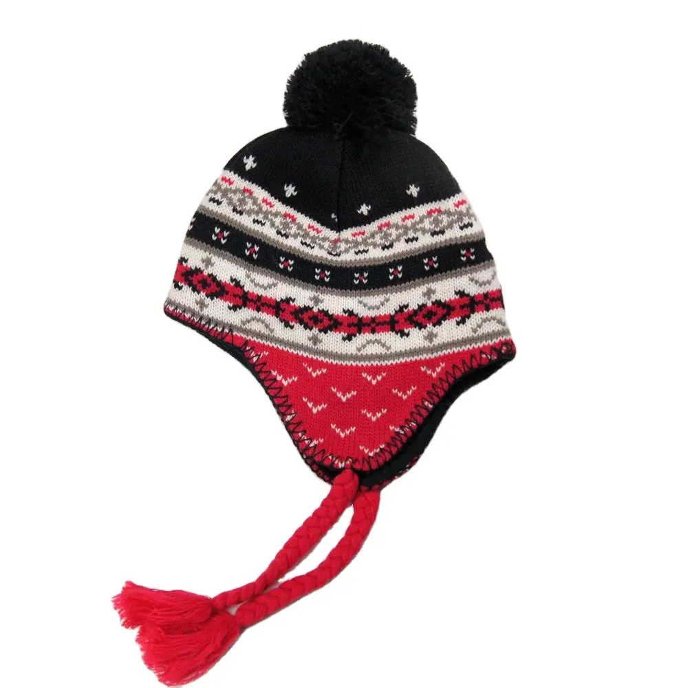 Neue design winter warm jacquard gestrickte ohr klappe hut mit big pom und geflecht