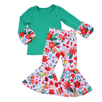 Ensembles de Vêtements pour Filles Style Doux à Motifs Floraux Respirants, Haut à Manches Patchwork et Pantalons Patte d'Éléphant, 2 Pièces, Vente en Gros