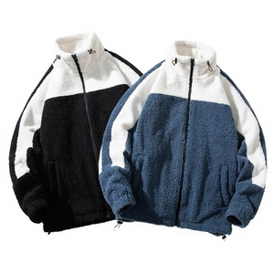 Custom Thick Casual Men's Sherpa <b>Fleece</b> <b>Jacket</b> Winter <b>Teddy</b> Full Zipper Stand Collar Yarn Dyed with Patchwork Pattern - Product Image 2