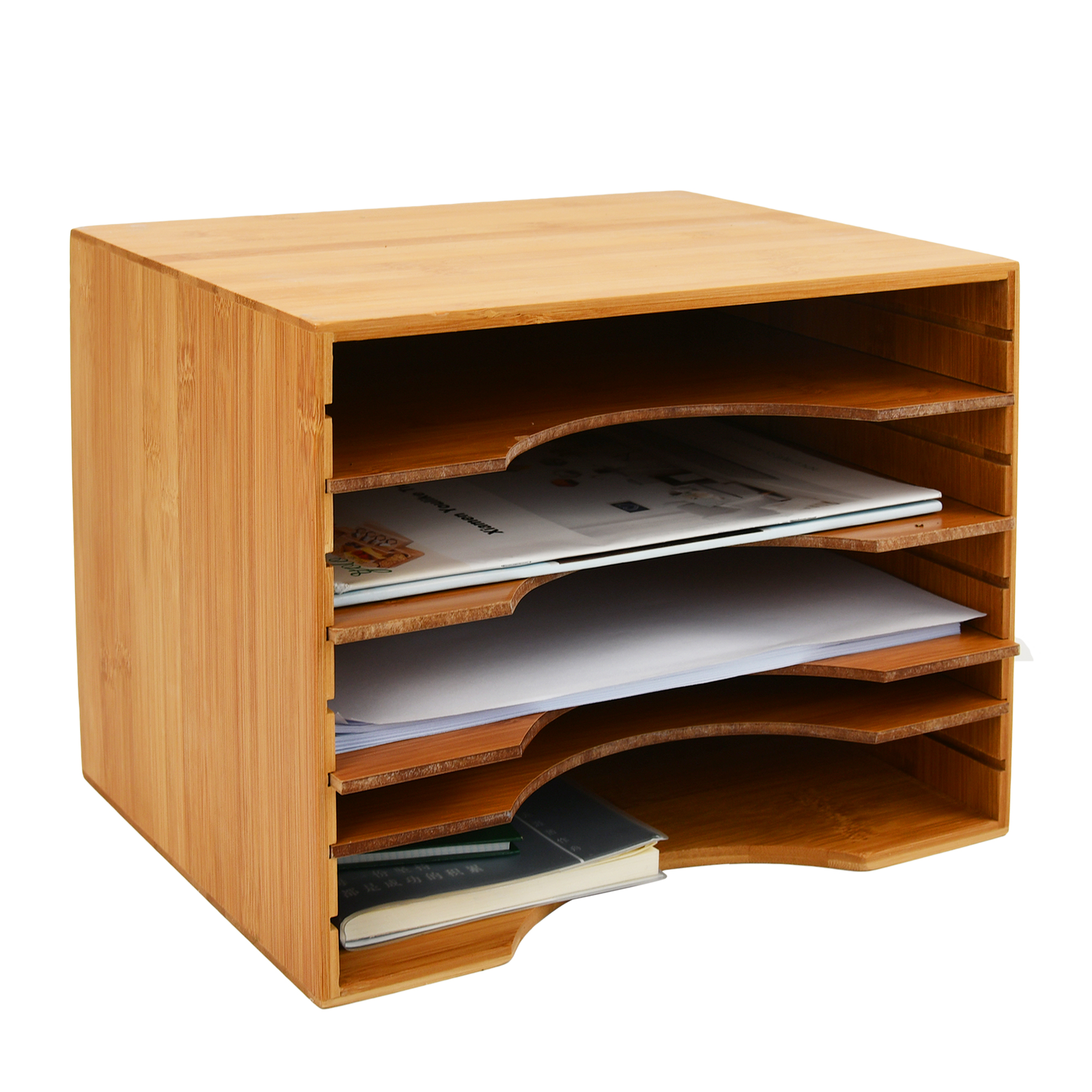 Bamboo Desktop File Sorter 4 Tier Paper Holder Organizer with Removable Dividers for Document Letter Mail Tray Collection