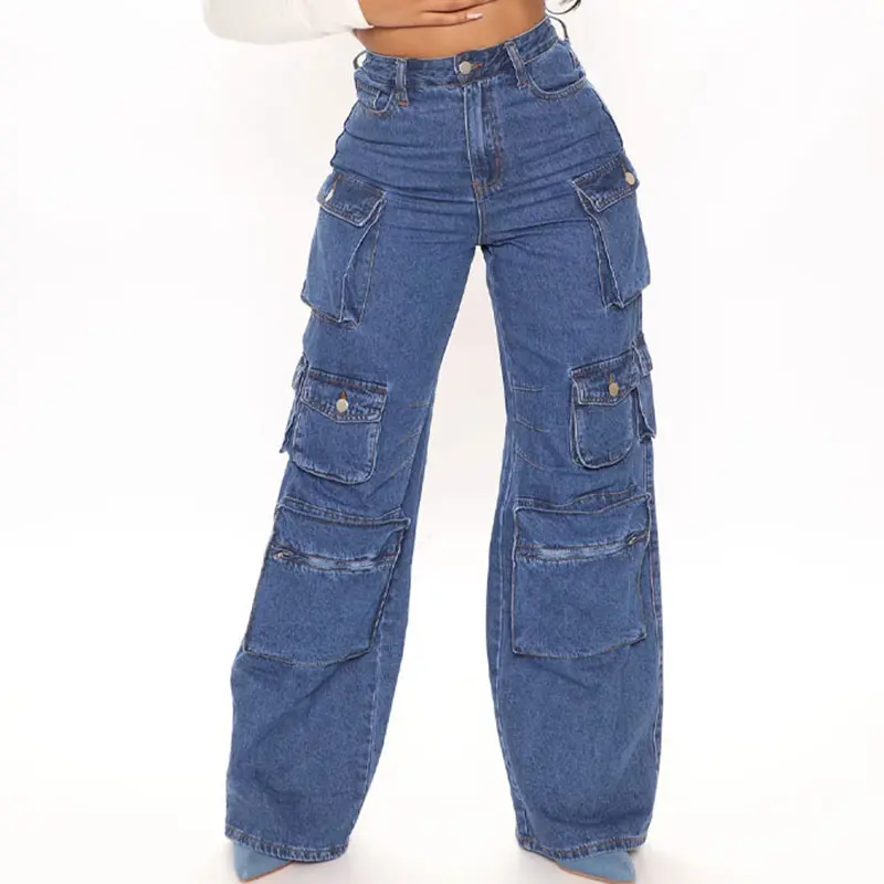 women baggy trousers high rise multi pockets faded washed denim boyfriend style wide leg cargo jeans