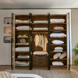<span class=keywords><strong>Armoire</strong></span> durable en mélamine noyer avec portes en verre à cadre noir, éclairage LED intégré et tiroirs pour le rangement de la chambre - Product Image 4