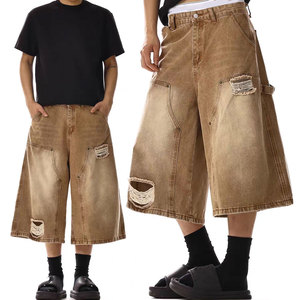 Chất lượng cao 100% cotton tùy chỉnh vá quần short denim axit rửa baggy đau khổ cắt Jeans thoáng khí tối rửa jorts - Product Image 1