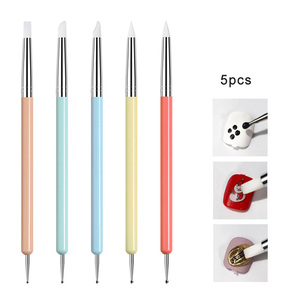 Lot de 5 pinceaux à ongles en silicone double embout 2-en-1 avec logo personnalisé, outil de pointillage en forme de pétale de fleur, applicateurs d'art d'ongles à manche en plastique - Product Image 1