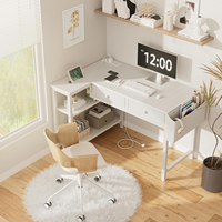 Bureau d'ordinateur en forme de L avec prise électrique, tiroirs en tissu, étagères de rangement, bureau de travail pour la maison, bureau pour petit espace, chambre à coucher