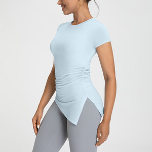 SUHE TS-012 Athena Lanjing - Top de Yoga Modal de Manga Corta con Cuello Redondo, Corte Asimétrico y Ajustado, Color Azul Polvo, Ropa Deportiva para Mujer - Product Image 1