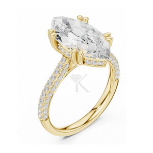 Anillo de compromiso con corte marquesa en oro amarillo, banda de diamantes pavé de varias filas, doble halo oculto, elegante joya nupcial. - Product Image 2