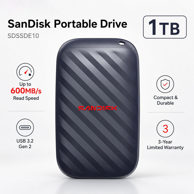 Sandisk Portable Drive 1TB  600 MB/s USB C USB 3.2 Gen 2 SSD E10- SDSSDE10