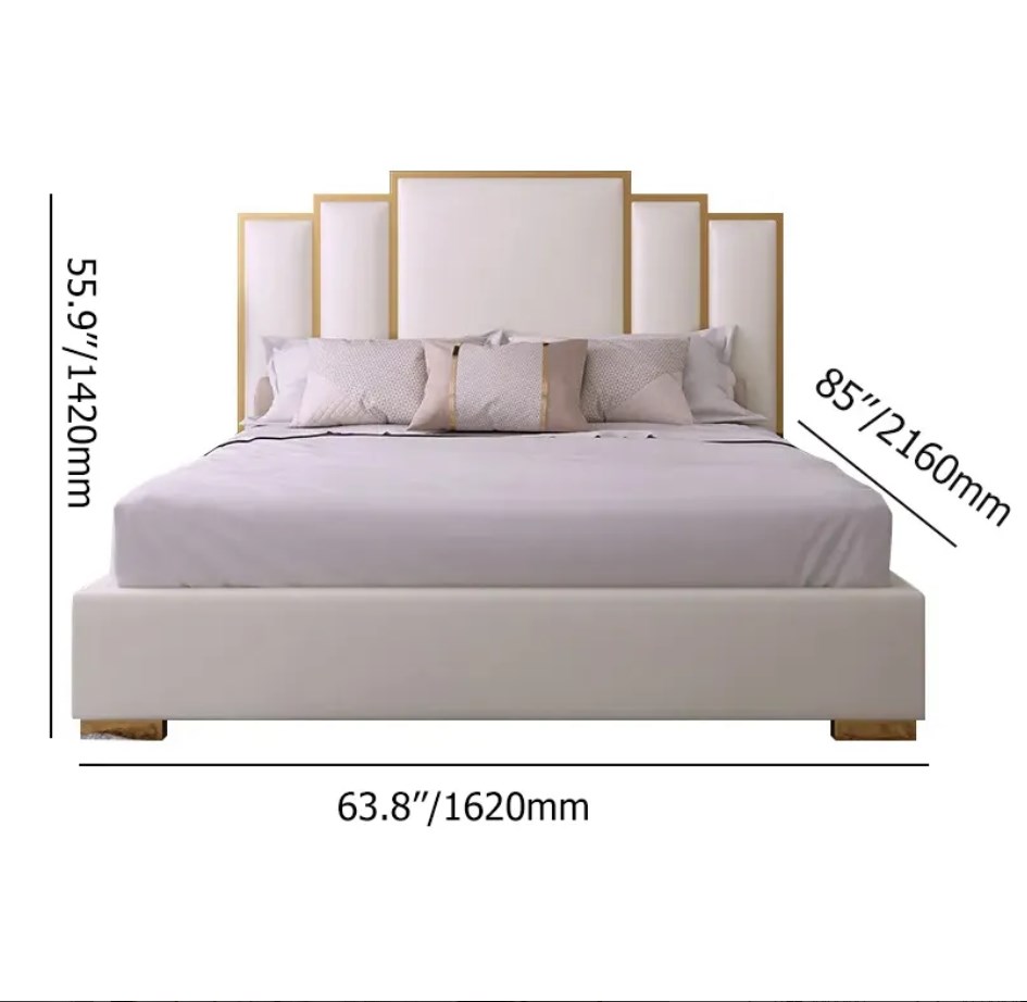 Modern white geometric headboard included faux leather queen upholstered bed