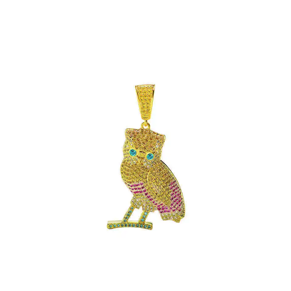 New Products 2023 Unique Micro insert Zirconia Hip Hop 925 Silver 18k Gold-Plated Ice Owl Men's Pendant